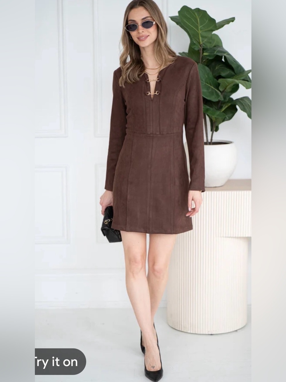 Ellison Callum Faux Suede  Brown Long-Sleeve A-Line Dress